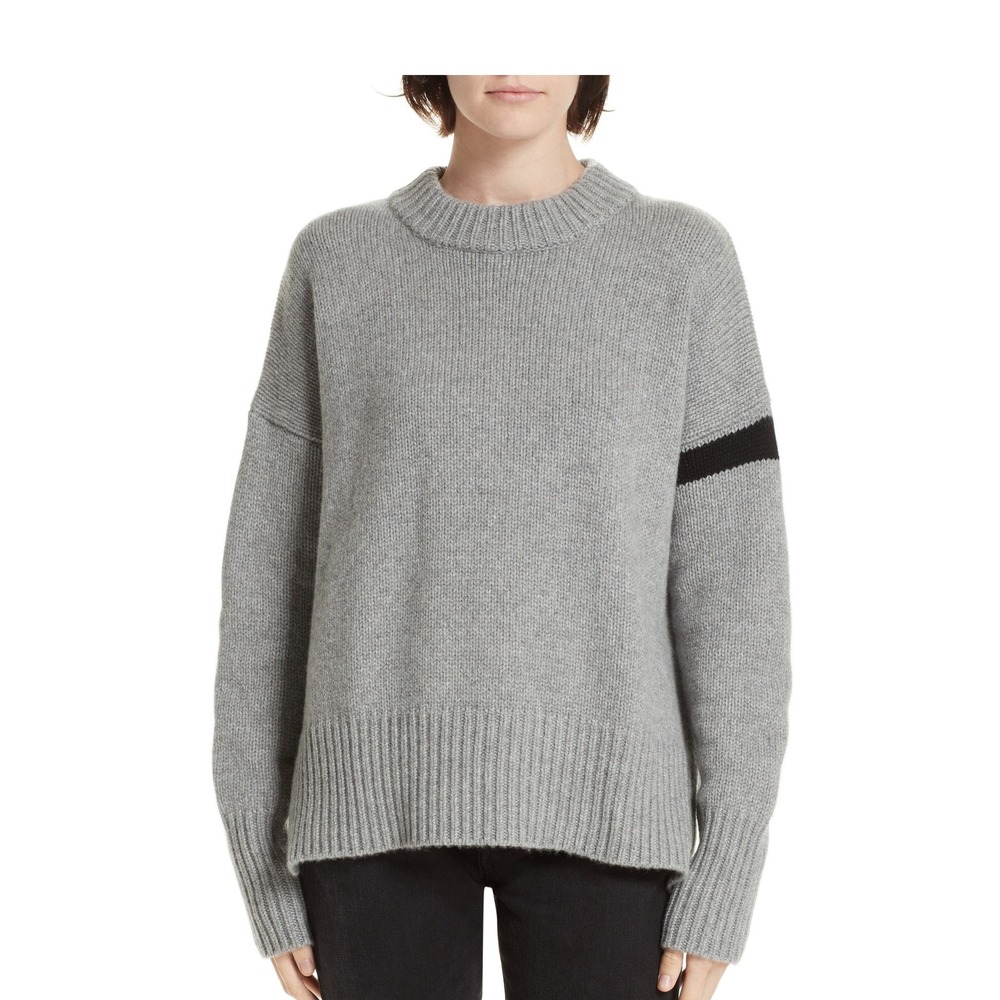 La Ligne Grey 100% Cashmere Crewneck Sweater with Sleeve Stripe XS